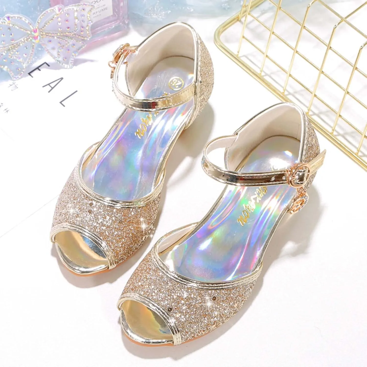 JOEupin Girls Sandals Glittler Dress Shoes Princess Crystal High Heels Party Wedding Flower Girls Shoes for Kid Toddler