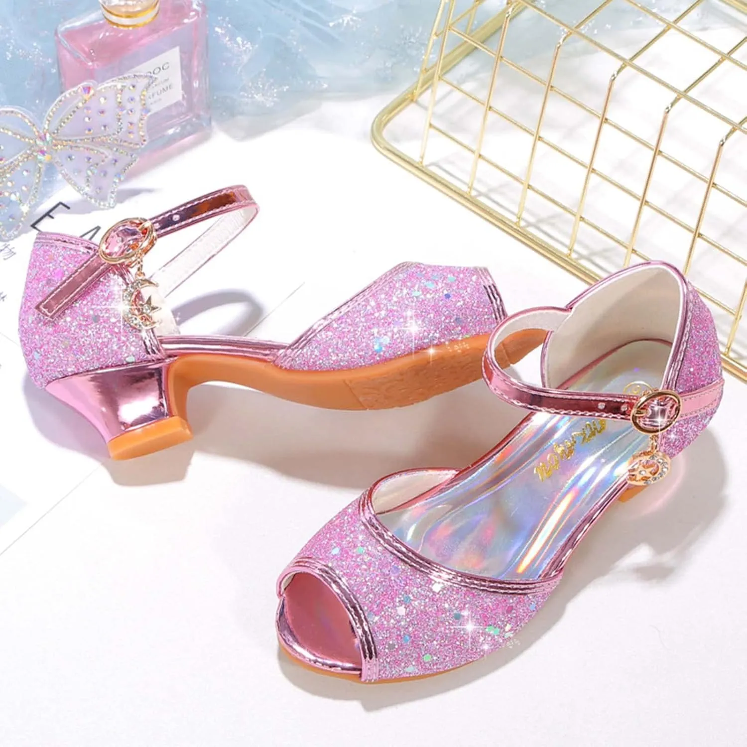 JOEupin Girls Sandals Glittler Dress Shoes Princess Crystal High Heels Party Wedding Flower Girls Shoes for Kid Toddler