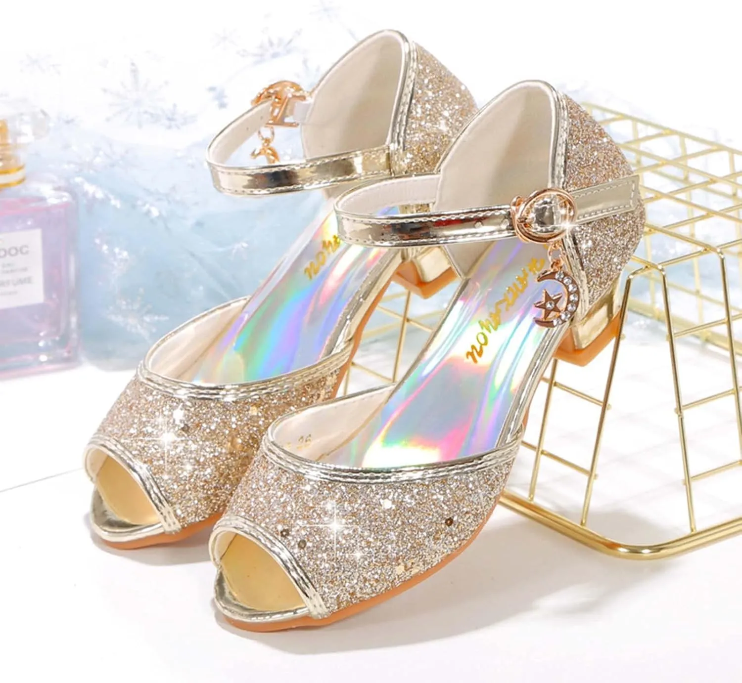 JOEupin Girls Sandals Glittler Dress Shoes Princess Crystal High Heels Party Wedding Flower Girls Shoes for Kid Toddler