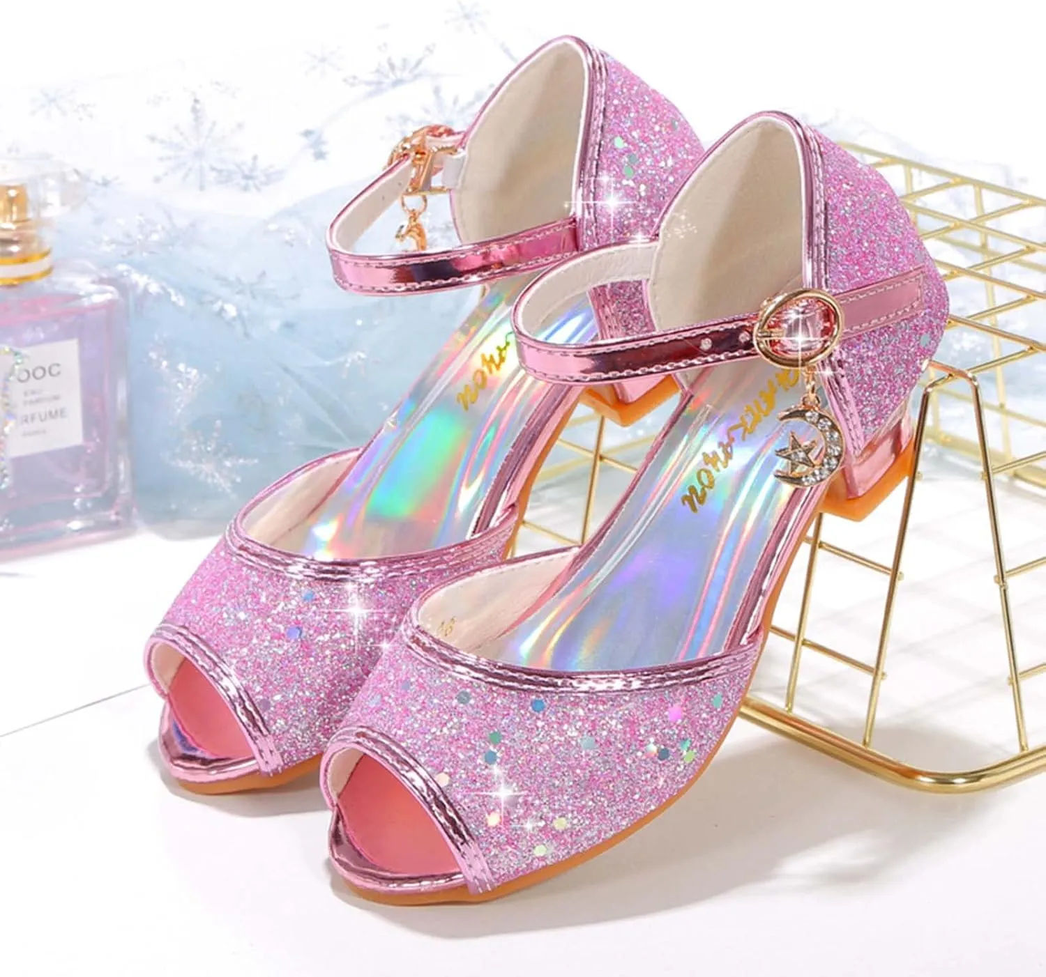 JOEupin Girls Sandals Glittler Dress Shoes Princess Crystal High Heels Party Wedding Flower Girls Shoes for Kid Toddler
