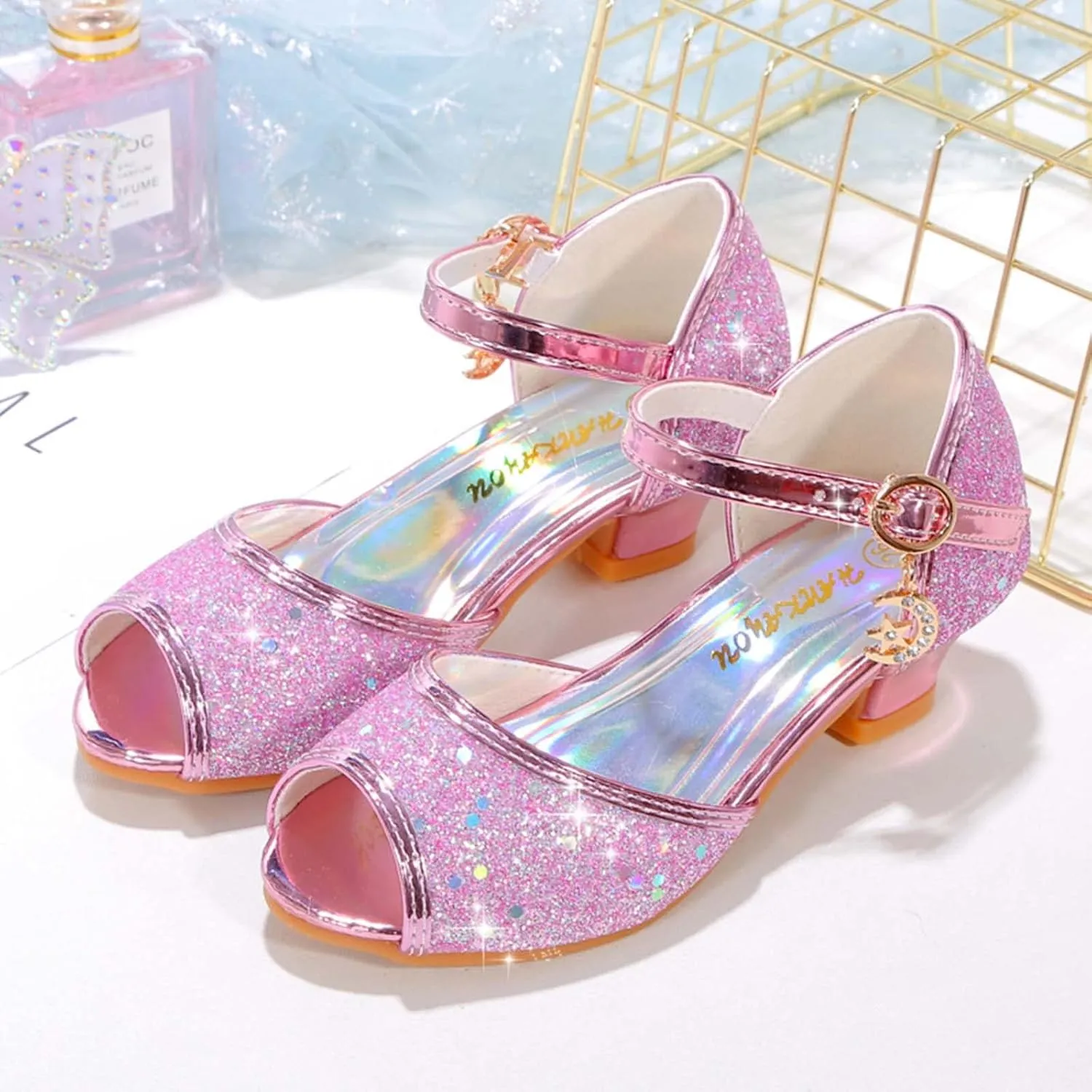 JOEupin Girls Sandals Glittler Dress Shoes Princess Crystal High Heels Party Wedding Flower Girls Shoes for Kid Toddler
