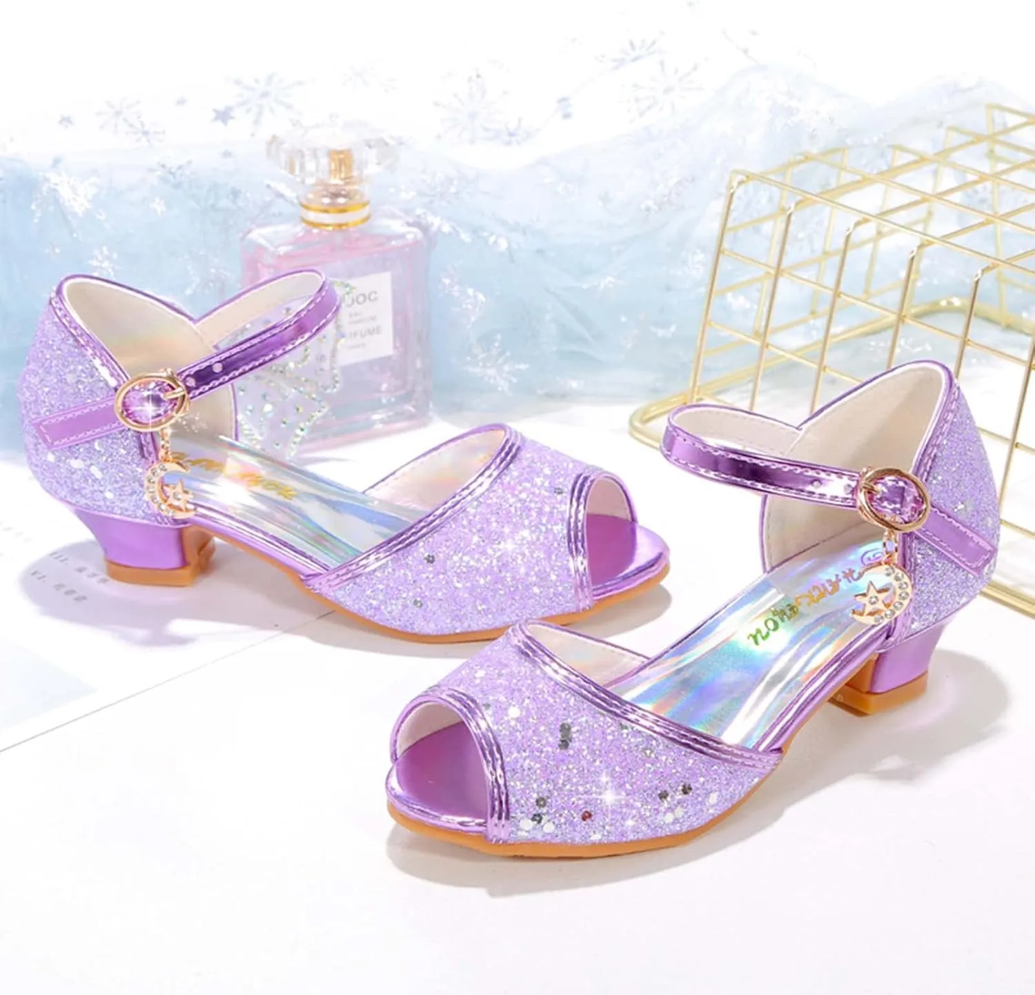 JOEupin Girls Sandals Glittler Dress Shoes Princess Crystal High Heels Party Wedding Flower Girls Shoes for Kid Toddler