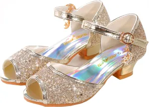 JOEupin Girls Sandals Glittler Dress Shoes Princess Crystal High Heels Party Wedding Flower Girls Shoes for Kid Toddler