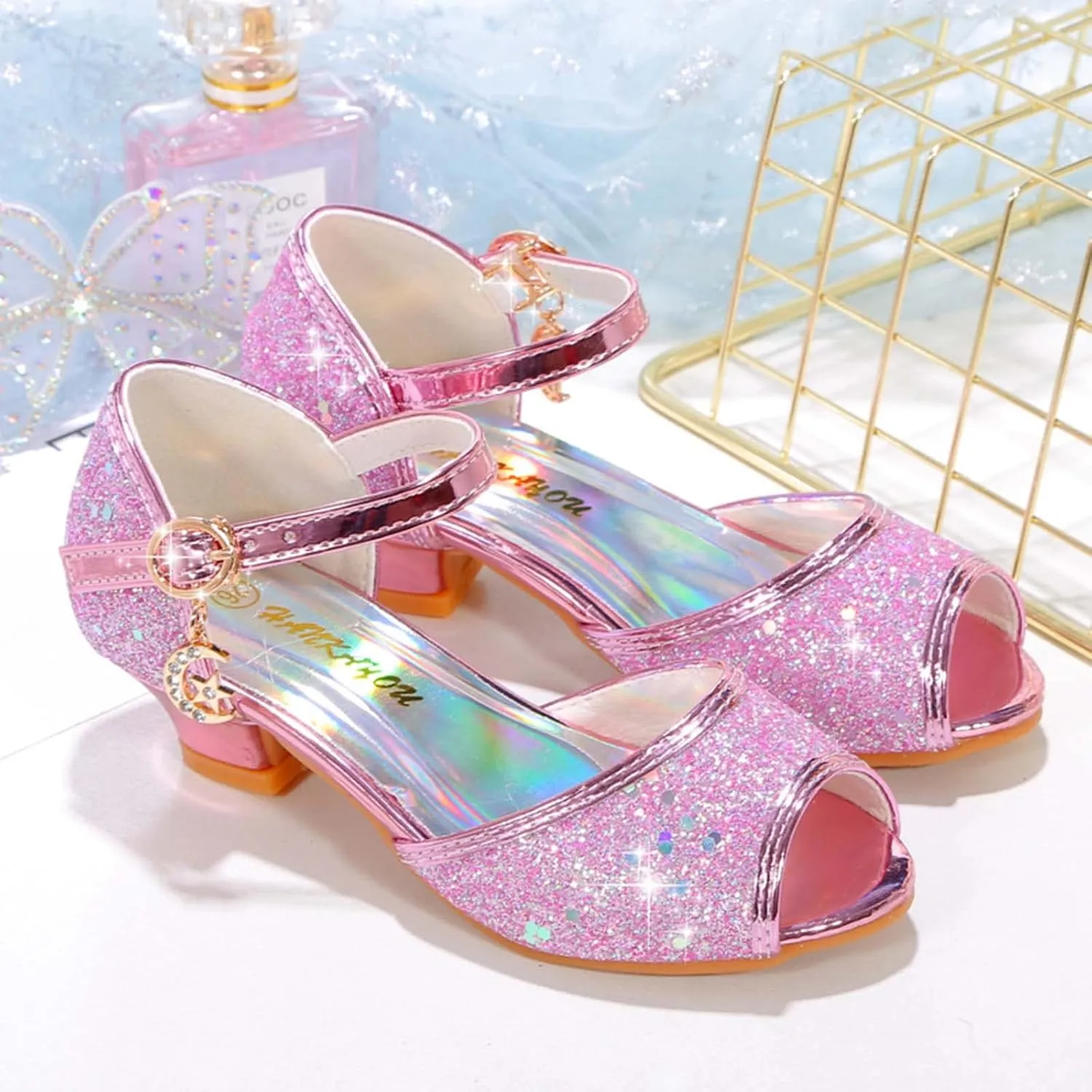 JOEupin Girls Sandals Glittler Dress Shoes Princess Crystal High Heels Party Wedding Flower Girls Shoes for Kid Toddler
