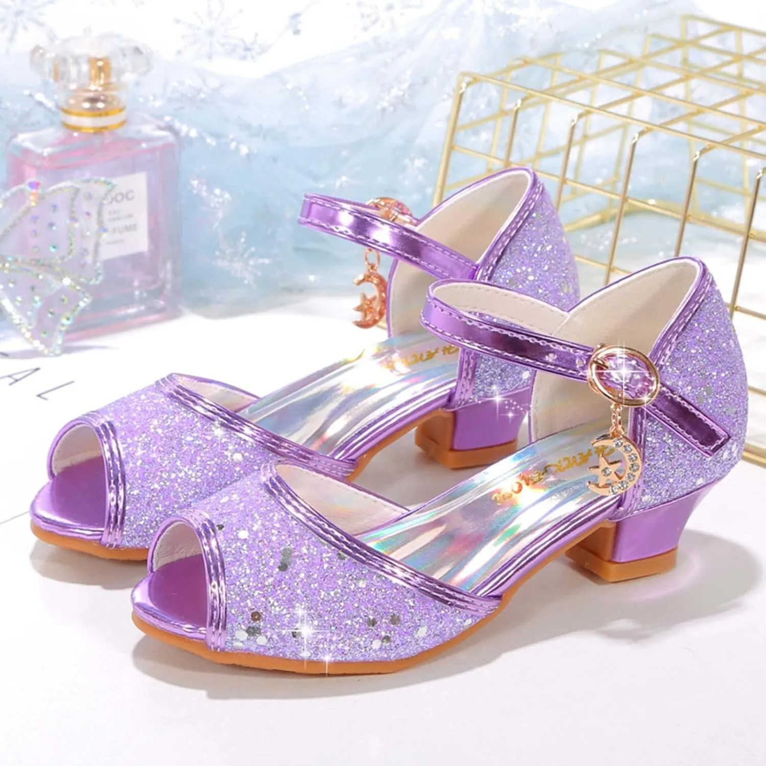 JOEupin Girls Sandals Glittler Dress Shoes Princess Crystal High Heels Party Wedding Flower Girls Shoes for Kid Toddler