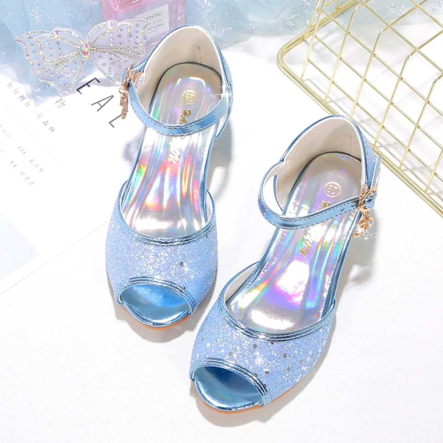 JOEupin Girls Sandals Glittler Dress Shoes Princess Crystal High Heels Party Wedding Flower Girls Shoes for Kid Toddler