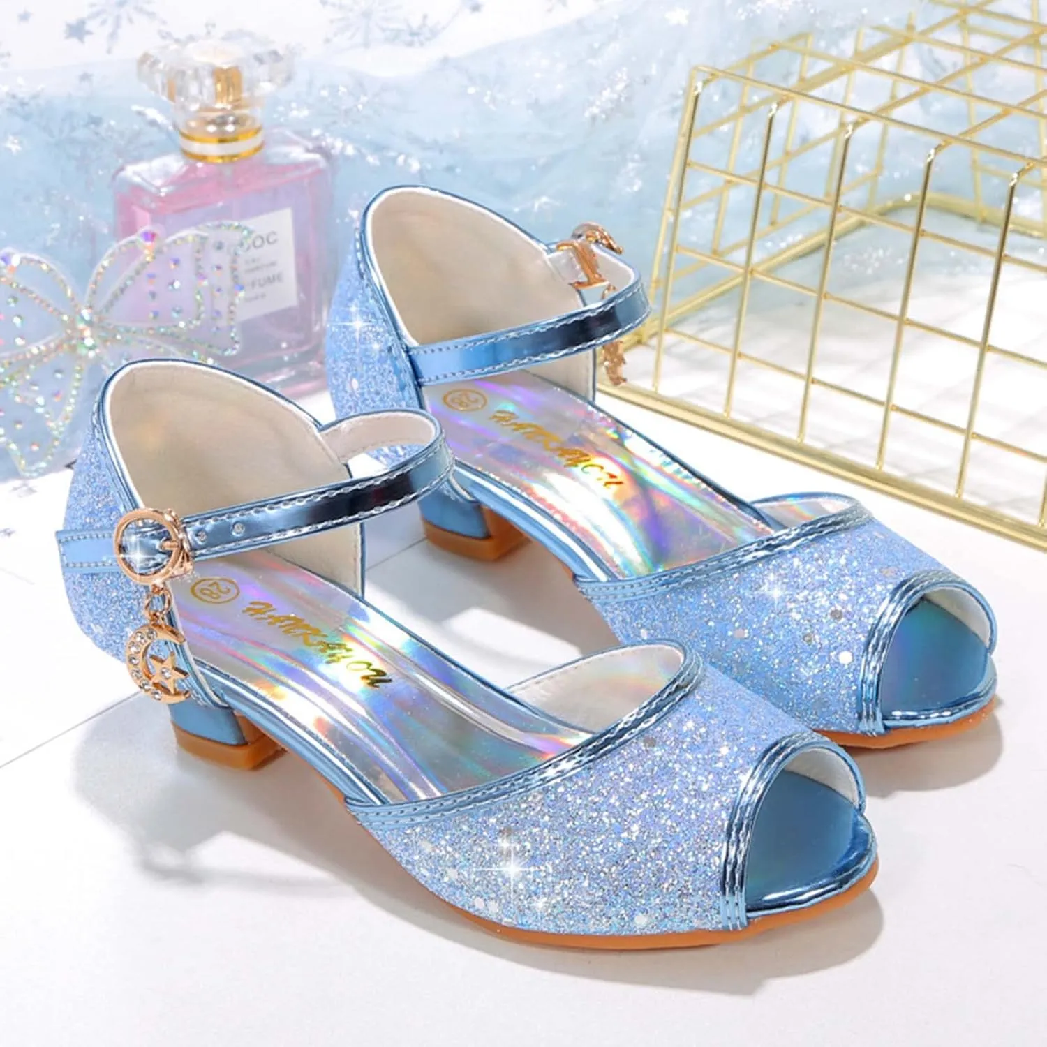 JOEupin Girls Sandals Glittler Dress Shoes Princess Crystal High Heels Party Wedding Flower Girls Shoes for Kid Toddler