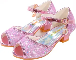 JOEupin Girls Sandals Glittler Dress Shoes Princess Crystal High Heels Party Wedding Flower Girls Shoes for Kid Toddler
