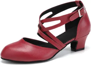 JUODVMP Women's Ballroom Dance Shoes Leather Pumps for Women Cross Strap Character Dance Shoes,Suede Sole