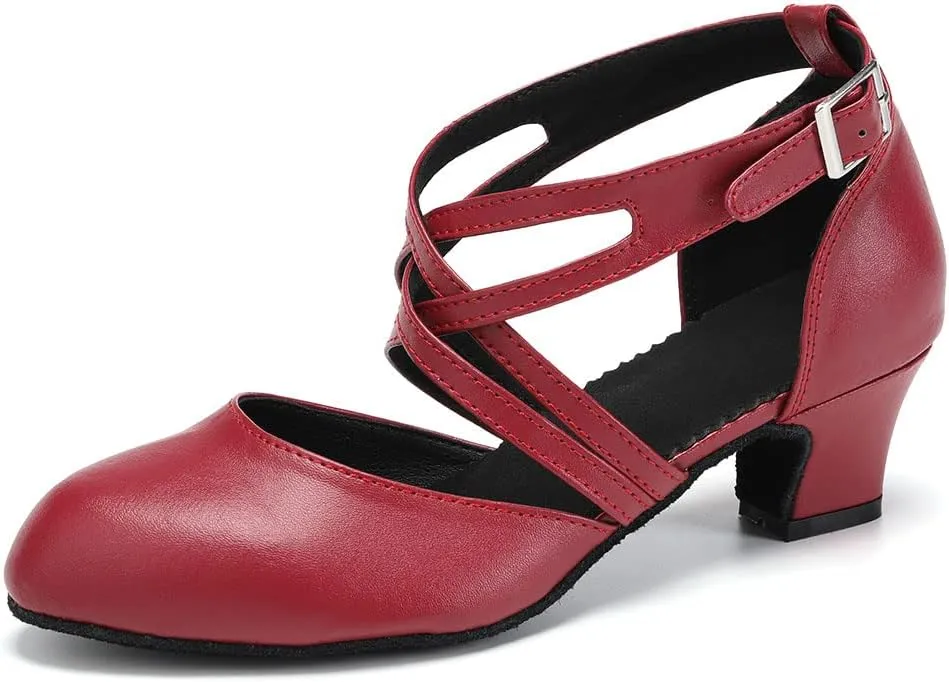 JUODVMP Women's Ballroom Dance Shoes Leather Pumps for Women Cross Strap Character Dance Shoes,Suede Sole