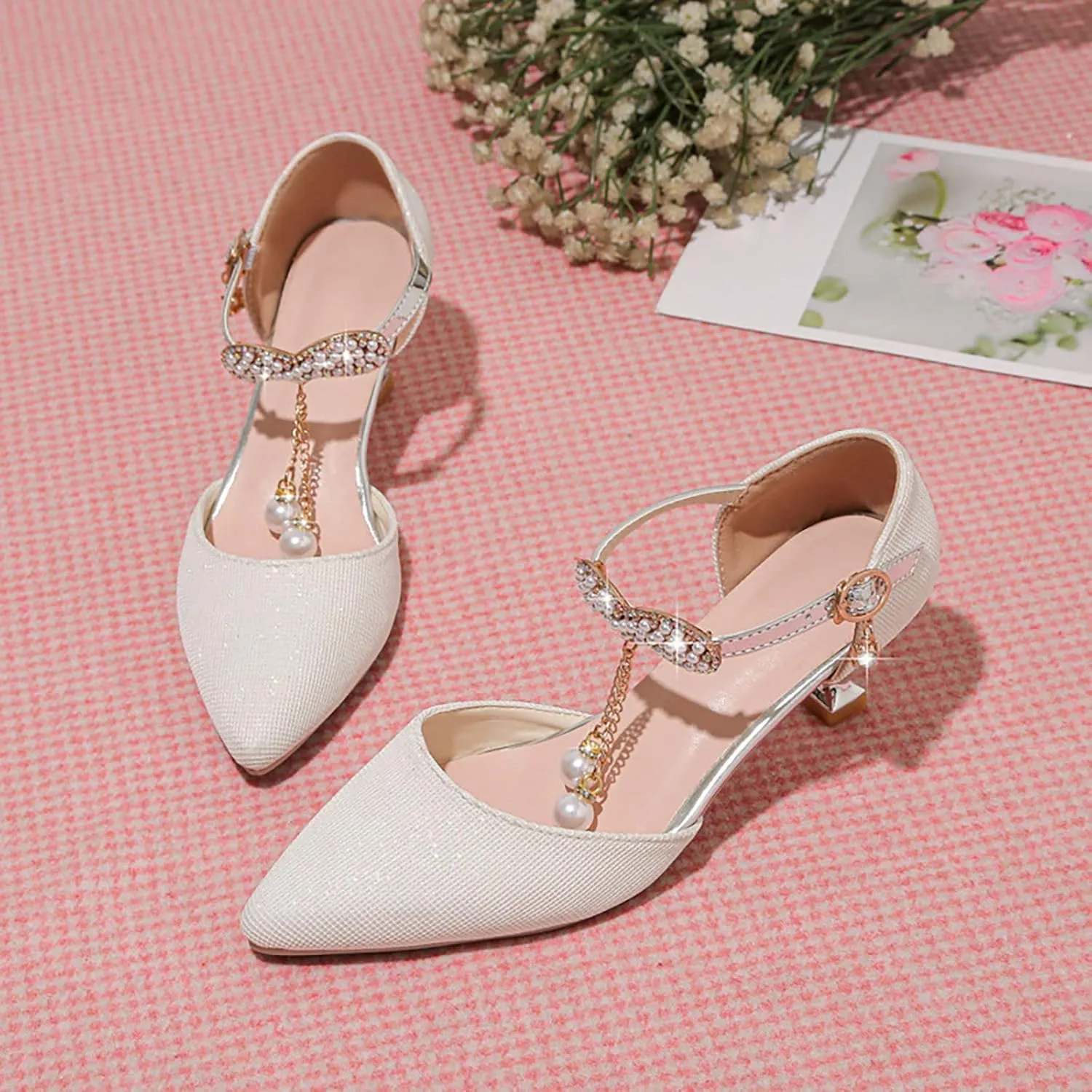 Kids Pointed Toe Heels Pumps for Girls Hook Buckle Pearls Wedding Party Sandal 2025 Toddler Girl Active Sandals