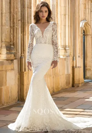 Long-Sleeves Deep V-Neck Allover Lace Applique Cutout Pleated Sweep Train Mermaid Wedding Dress