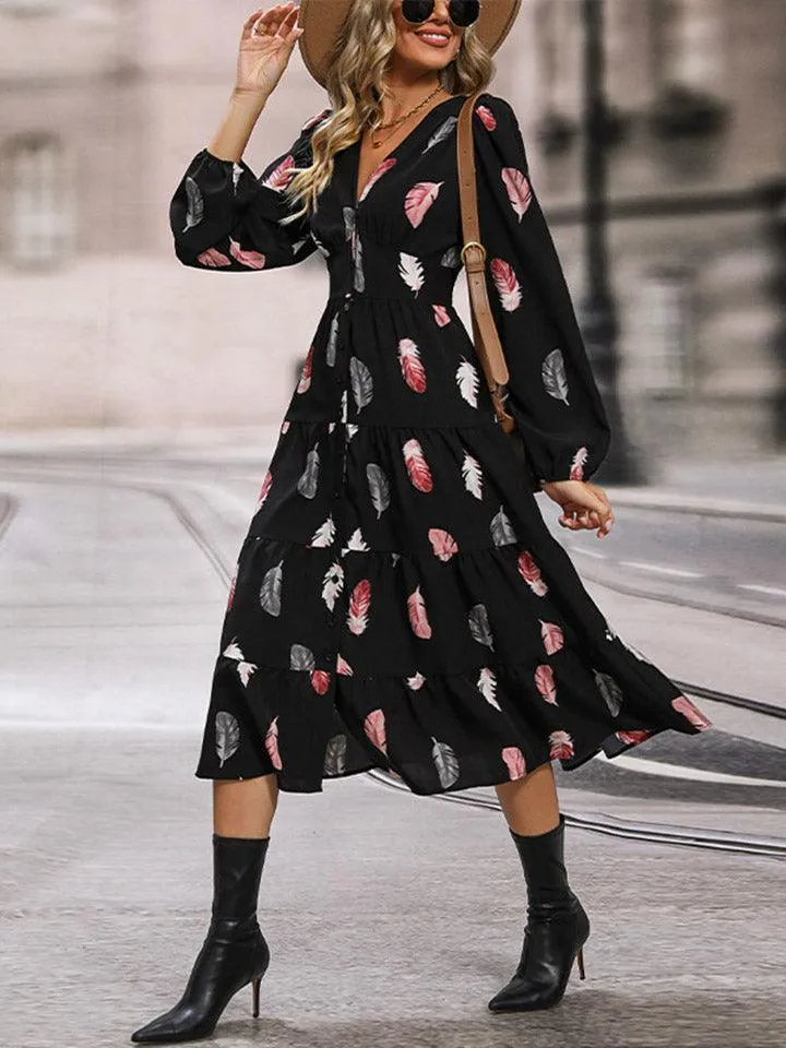 Look Expensive V-Neck Slit Feather Print Dress