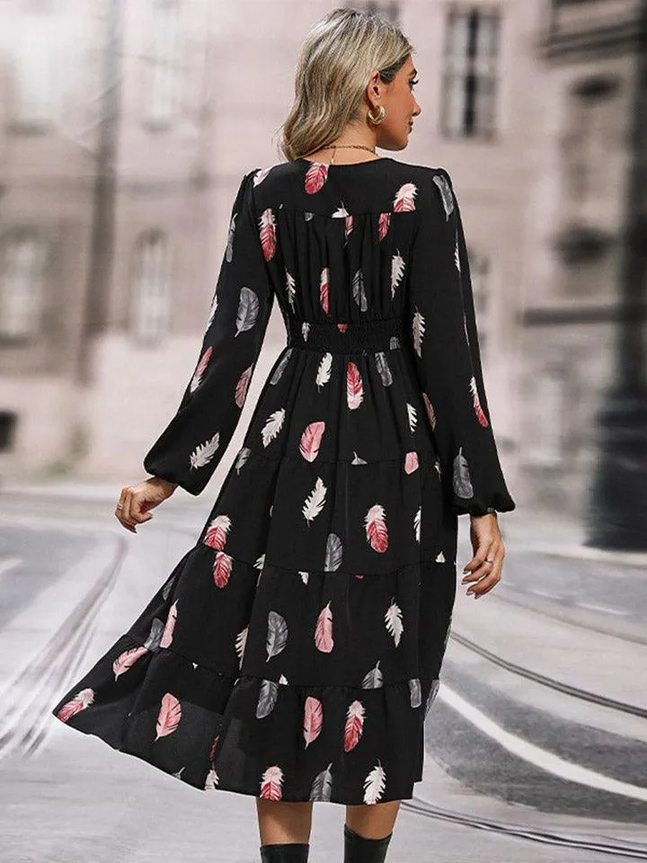 Look Expensive V-Neck Slit Feather Print Dress
