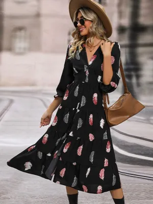Look Expensive V-Neck Slit Feather Print Dress