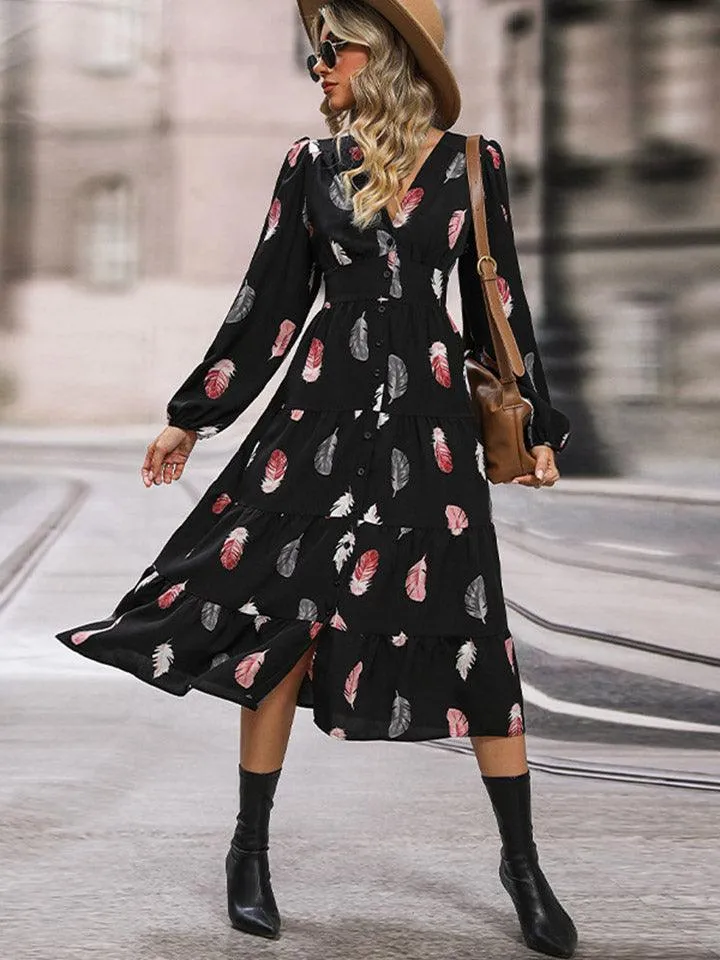 Look Expensive V-Neck Slit Feather Print Dress
