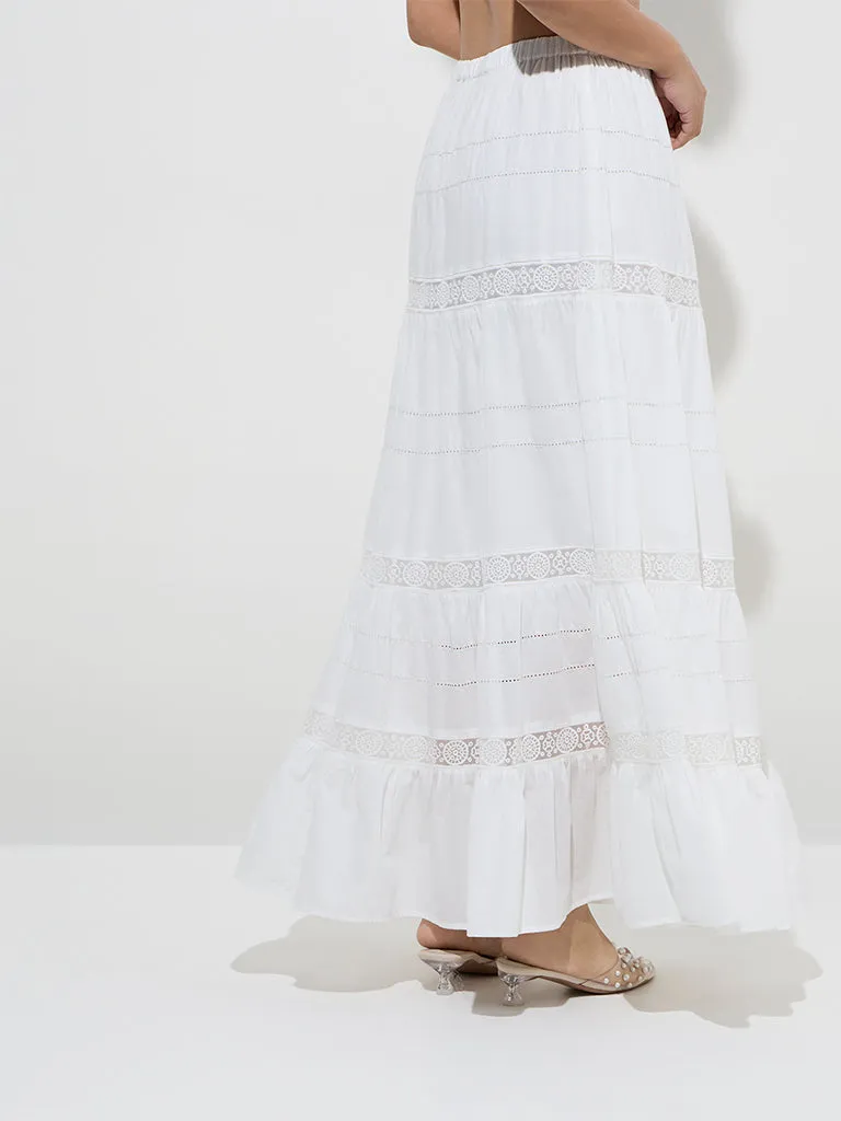 LOV White Lace Design Cotton High-Rise Tiered Skirt