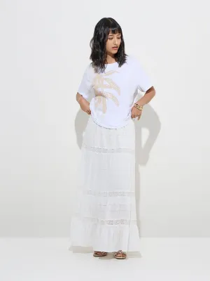LOV White Lace Design Cotton High-Rise Tiered Skirt