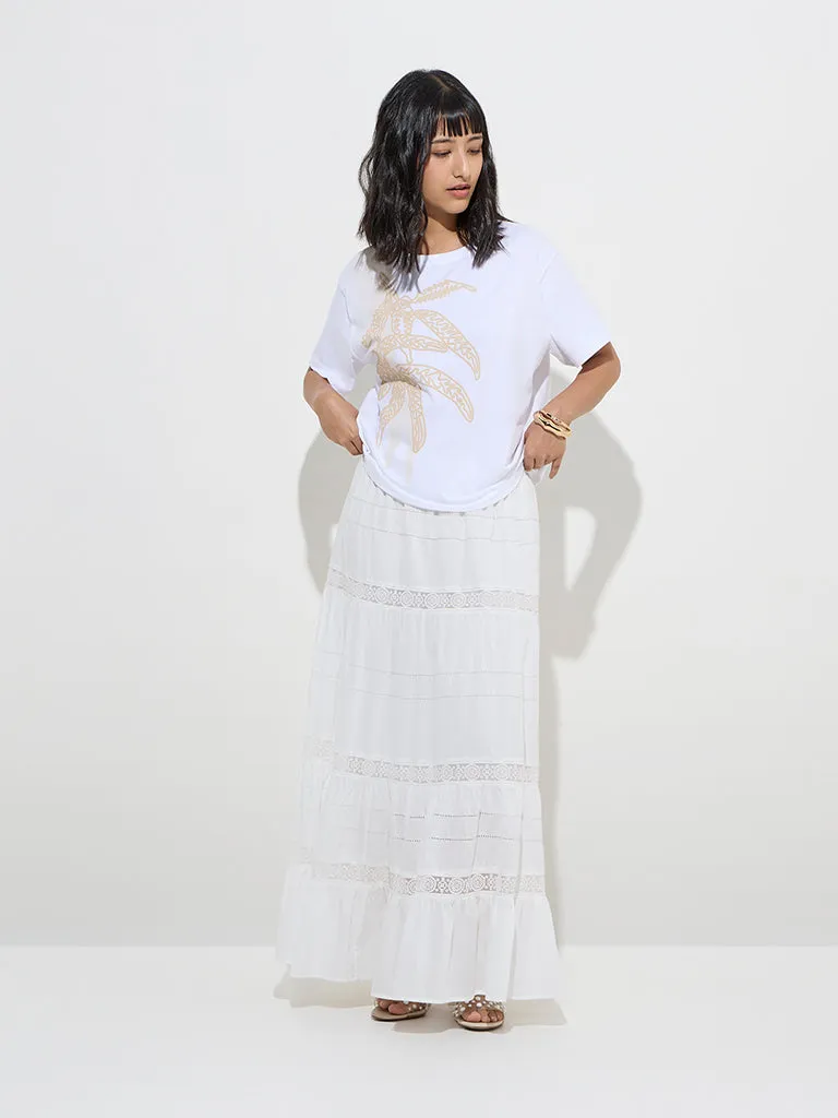 LOV White Lace Design Cotton High-Rise Tiered Skirt