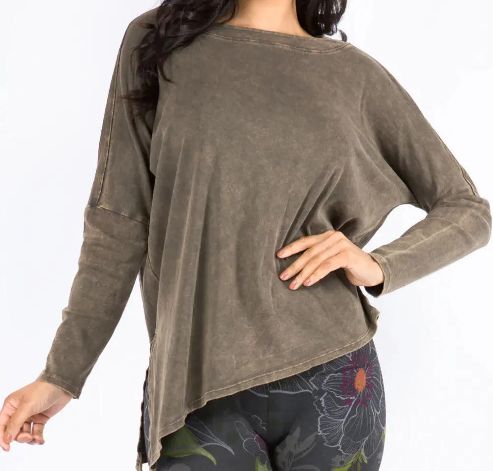 M. Rena | Mineral Wash Boat Neck Asymmetrical Tunic with Long Sleeve | Slate