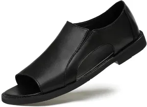 Men's Genuine Leather Cutout Water Shoes Slip On Flat Comfortable Open Toe Outdoor Casual Beach Light Weight Fisherman Sandals