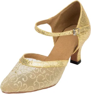Minishion Women's TH132 Floral Low Heel Glitter Mesh Wedding Ballroom Latin Taogo Dance Pumps Shoes