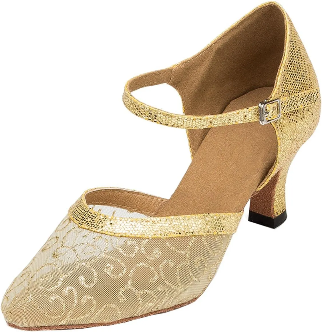 Minishion Women's TH132 Floral Low Heel Glitter Mesh Wedding Ballroom Latin Taogo Dance Pumps Shoes