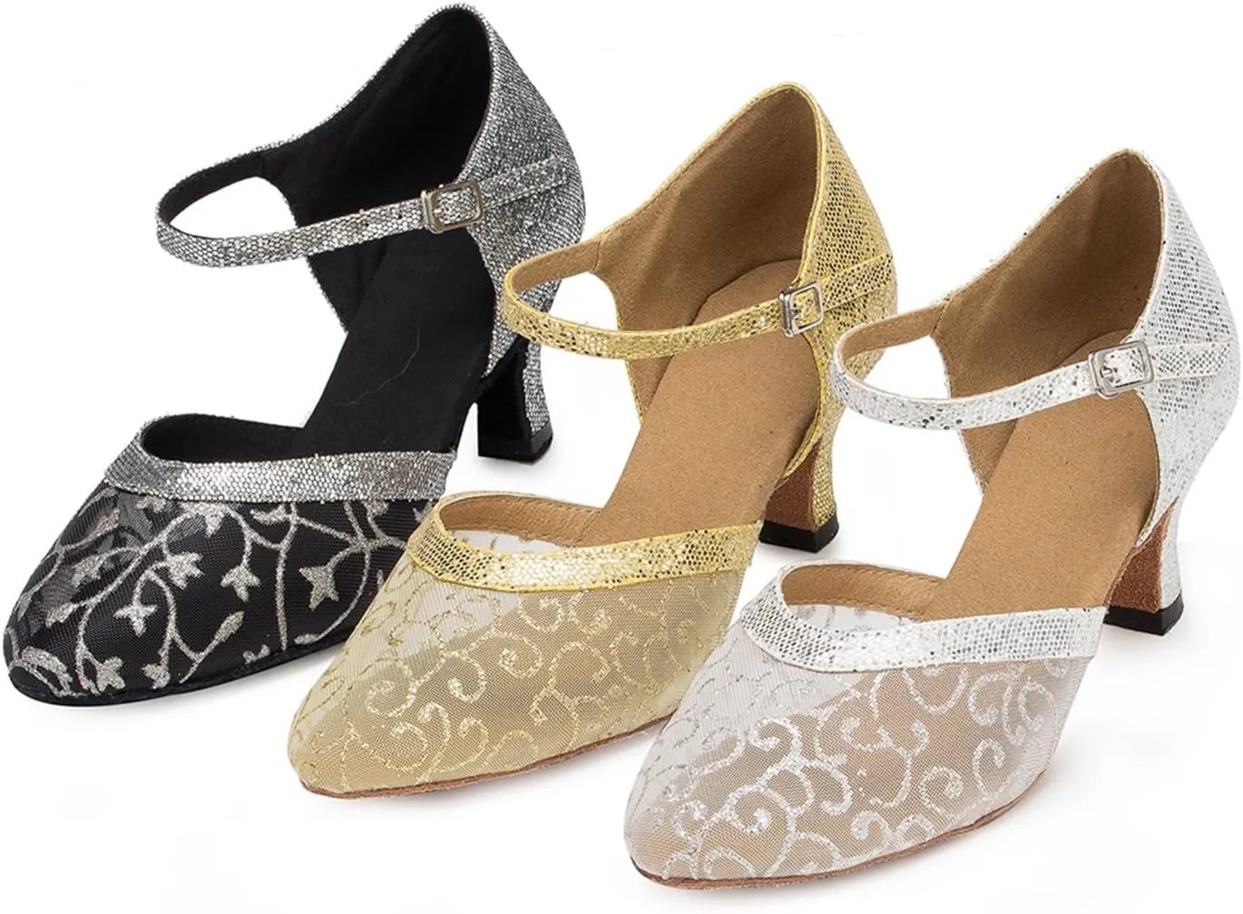 Minishion Women's TH132 Floral Low Heel Glitter Mesh Wedding Ballroom Latin Taogo Dance Pumps Shoes