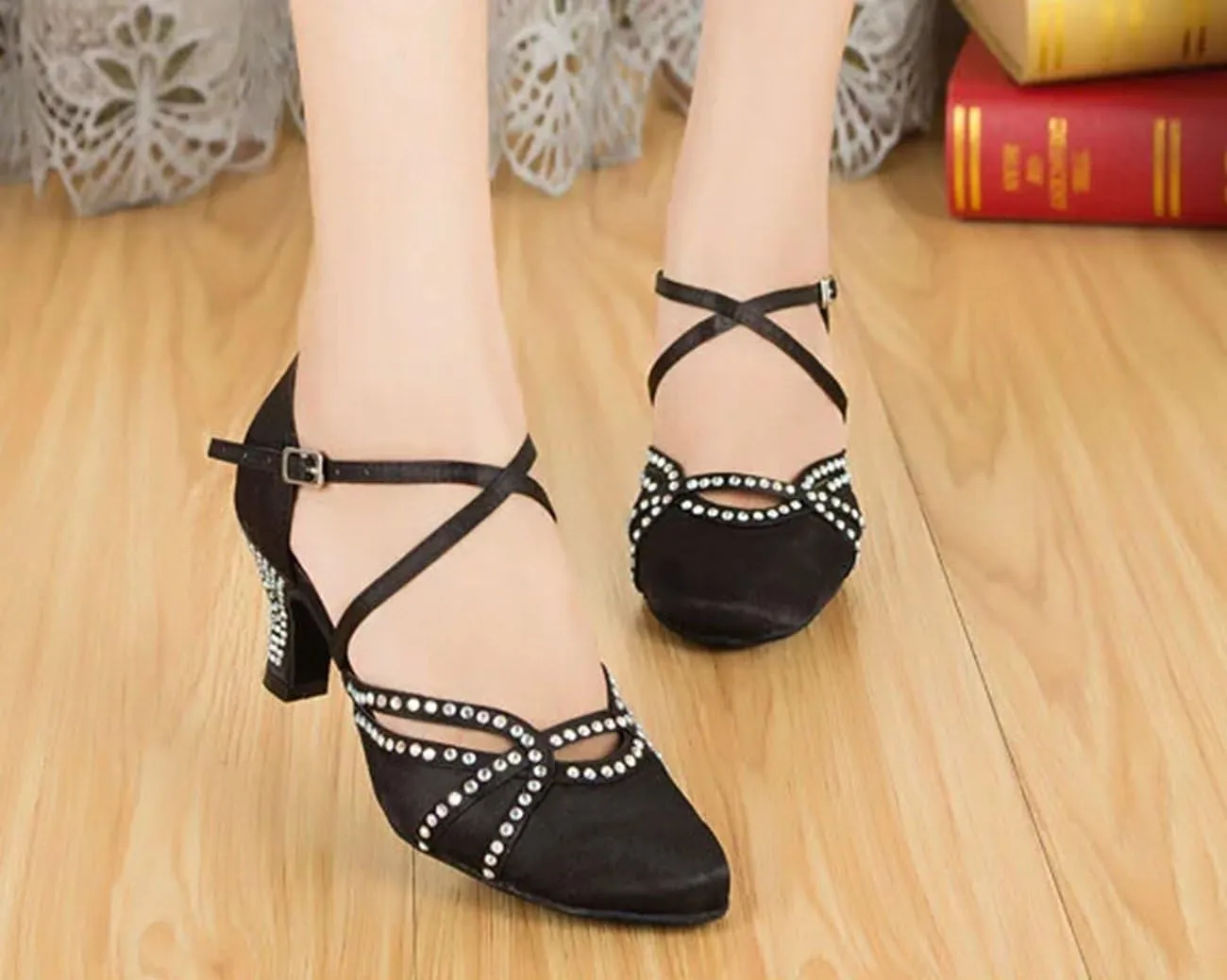 Minishion Women's TH137 Cross Strap Low Heel Satin Wedding Ballroom Latin Taogo Dance Pumps Shoes