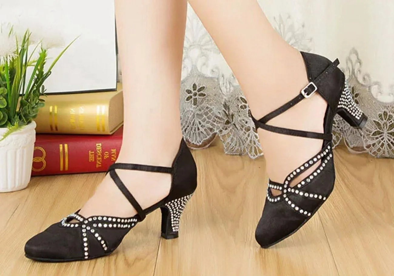 Minishion Women's TH137 Cross Strap Low Heel Satin Wedding Ballroom Latin Taogo Dance Pumps Shoes