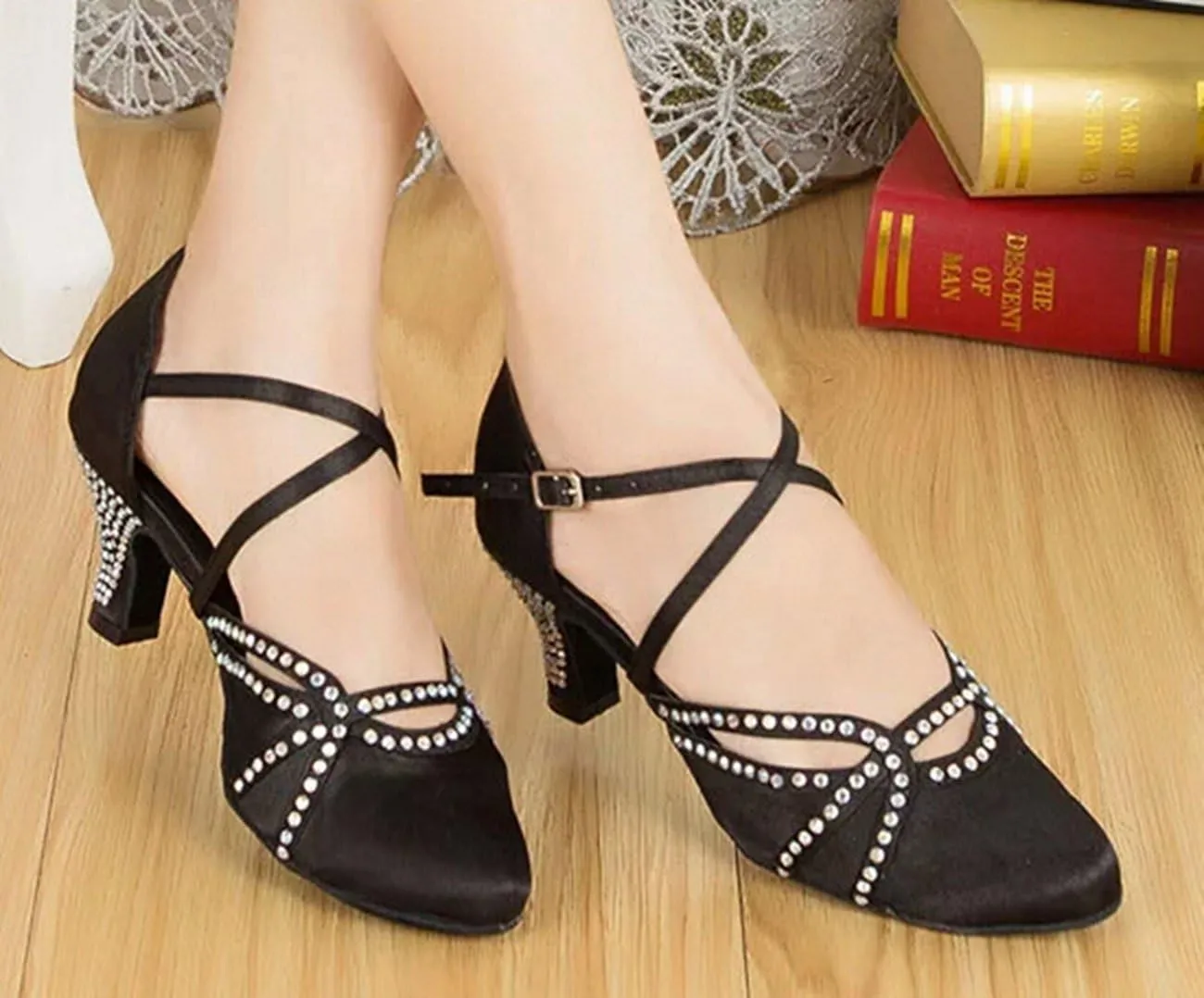 Minishion Women's TH137 Cross Strap Low Heel Satin Wedding Ballroom Latin Taogo Dance Pumps Shoes