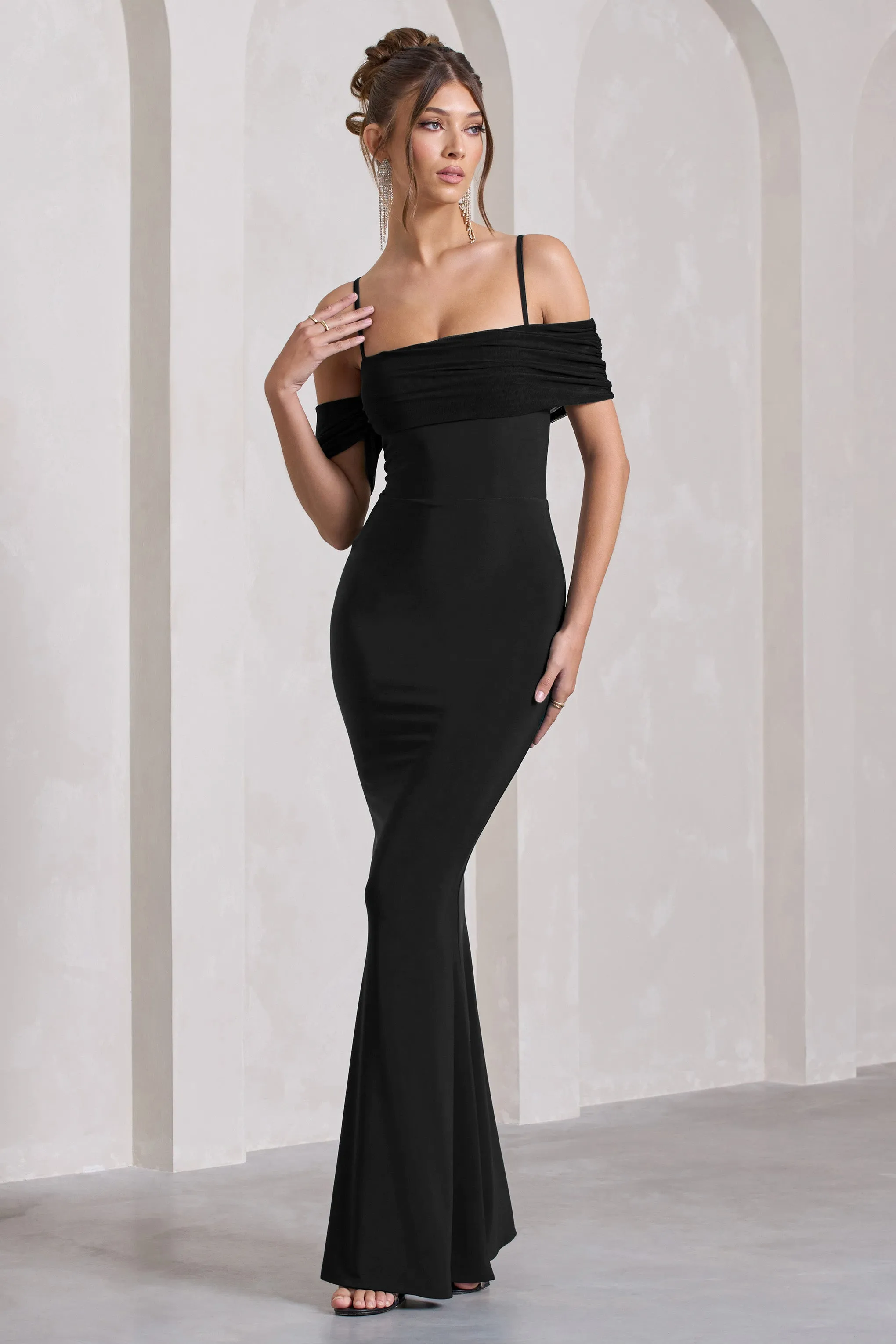 Miracle | Black Strappy Mesh Bardot Maxi Dress