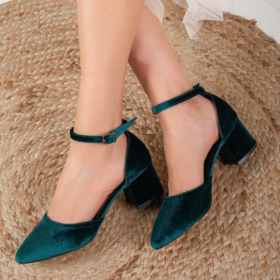 Miranda Vegan Suede Pearl Low Heels | Emerald Green