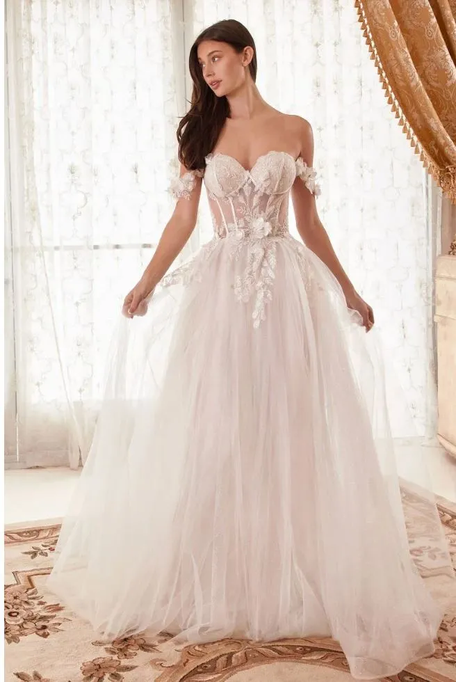 Nova Off Shoulder Bustier Floral Applique Tulle Wedding Dress: French White