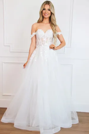 Nova Off Shoulder Bustier Floral Applique Tulle Wedding Dress: French White