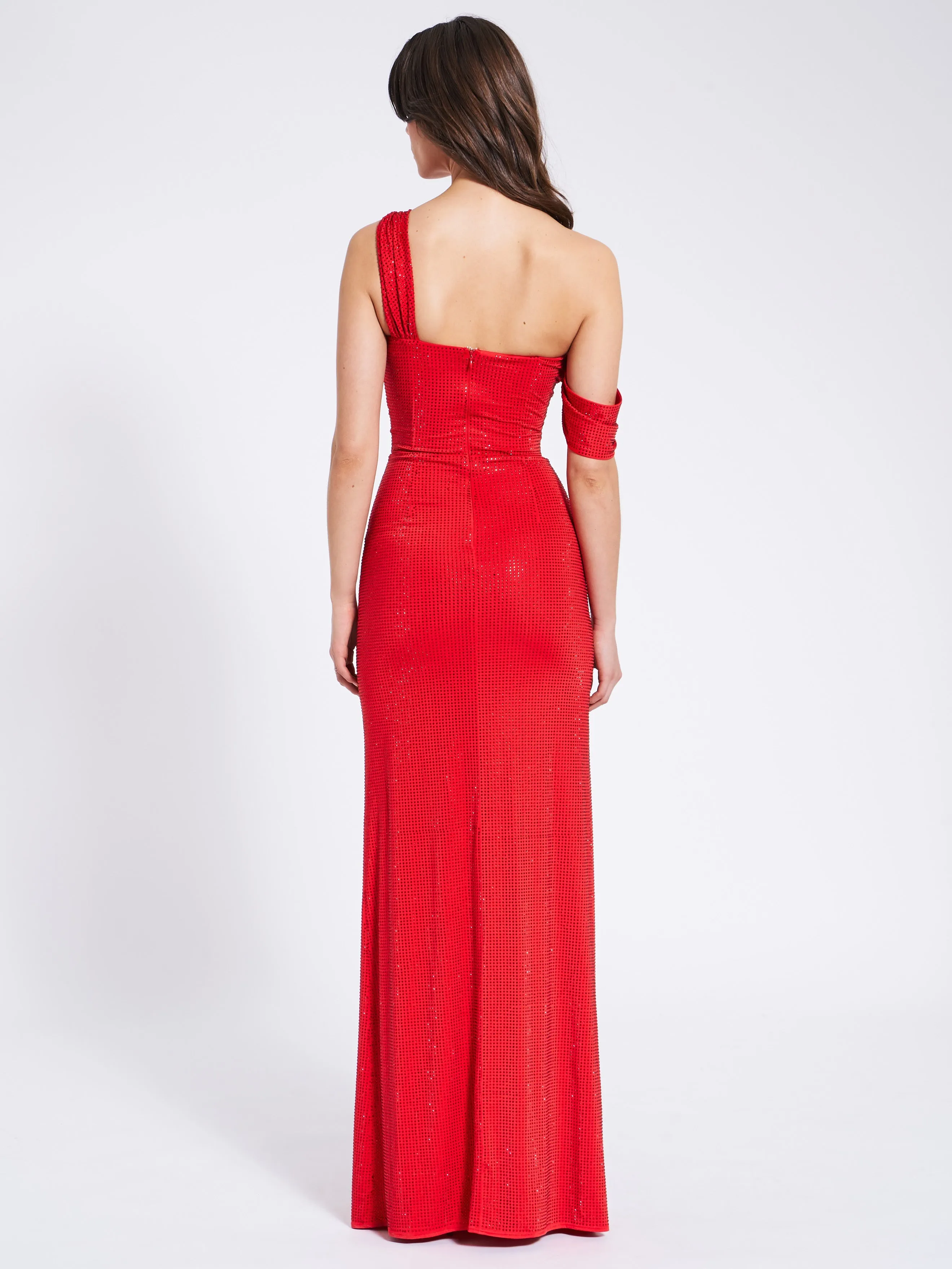 Paget Red Mesh Rhinestone Graceful Embellished High Slit Gown