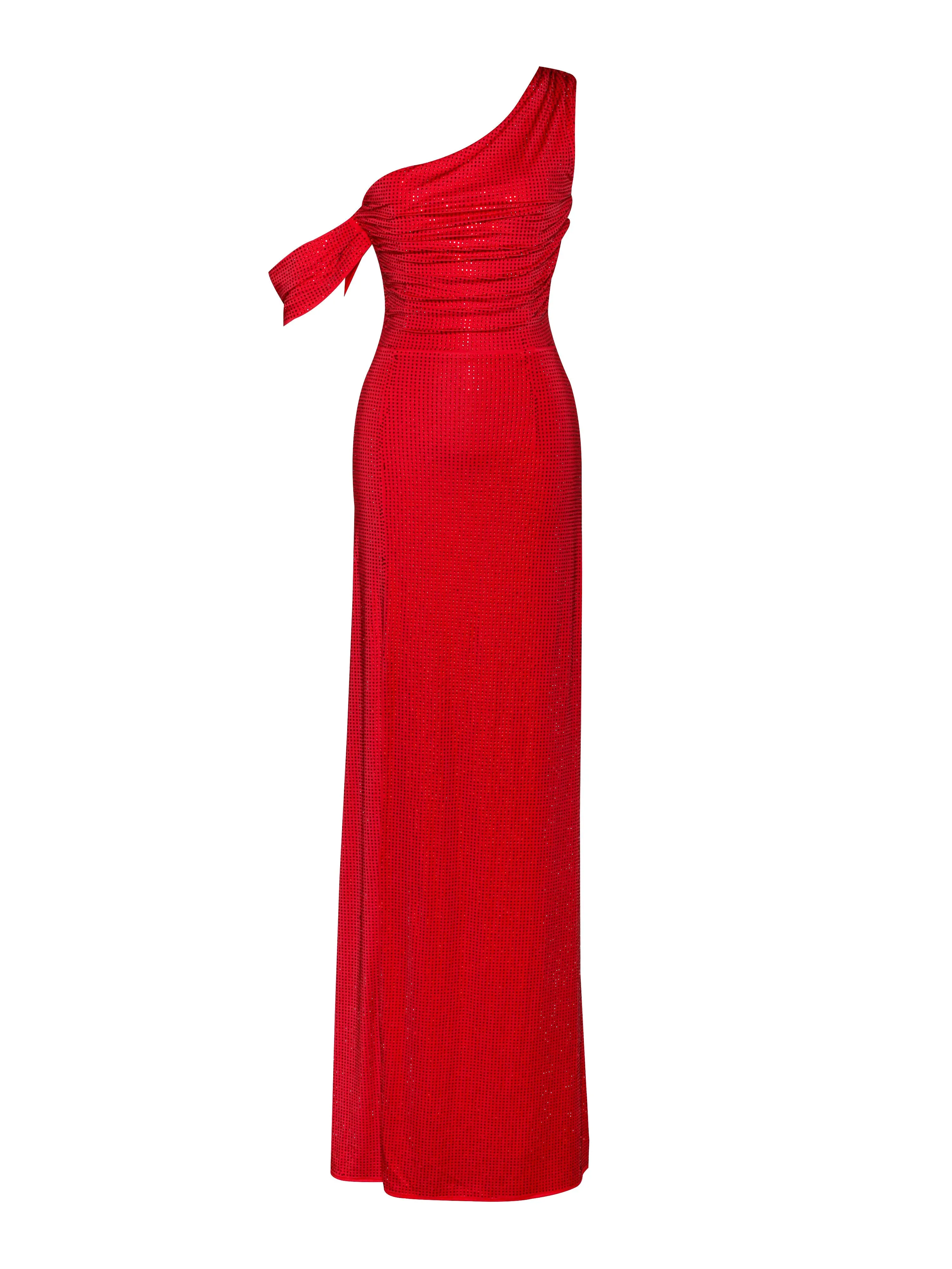 Paget Red Mesh Rhinestone Graceful Embellished High Slit Gown