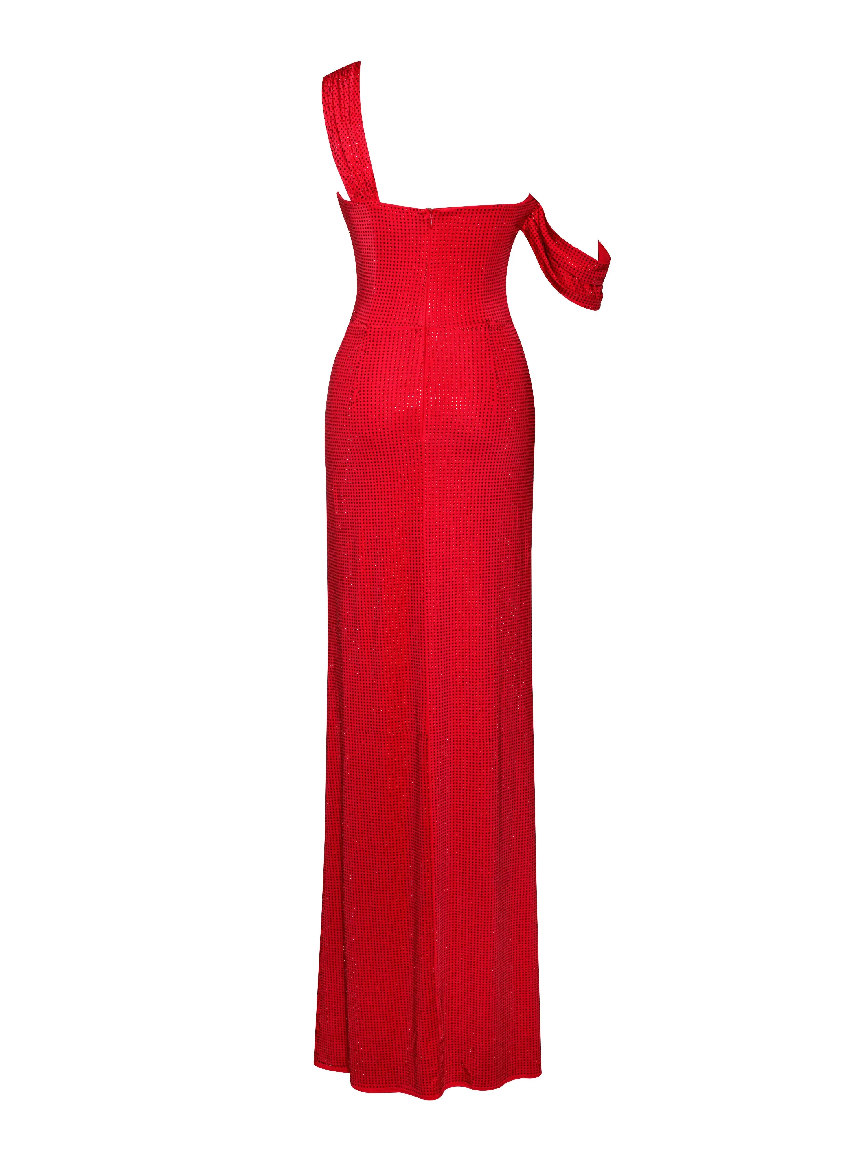 Paget Red Mesh Rhinestone Graceful Embellished High Slit Gown