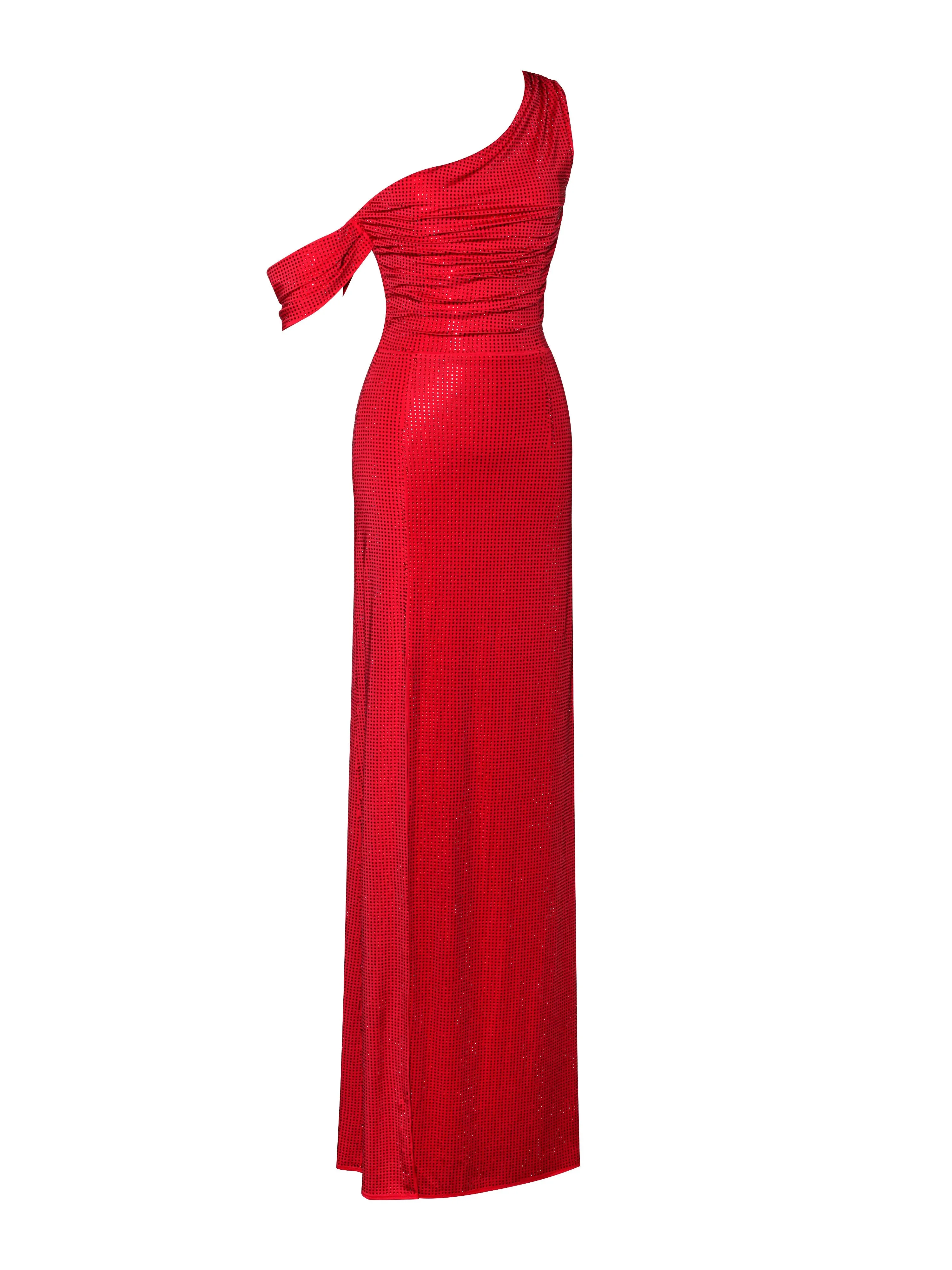 Paget Red Mesh Rhinestone Graceful Embellished High Slit Gown