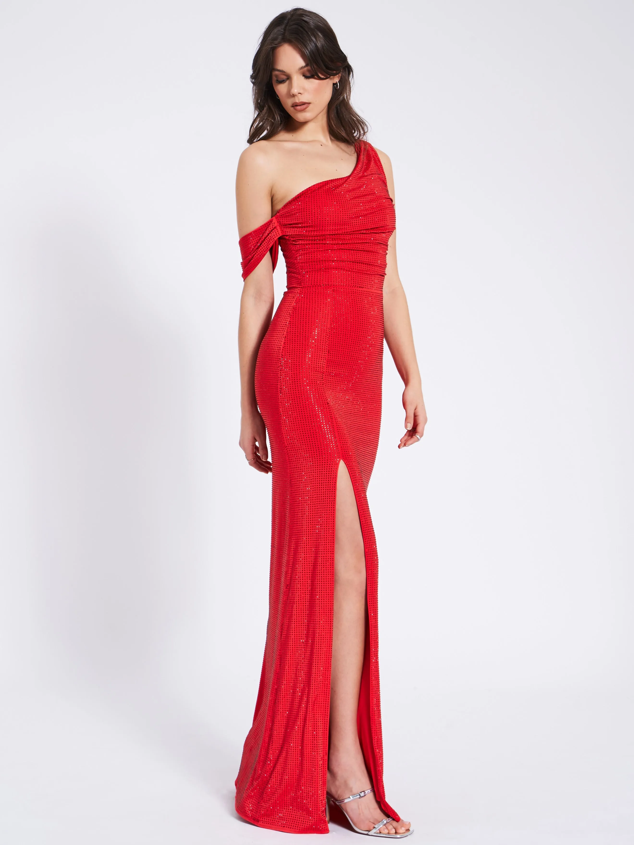 Paget Red Mesh Rhinestone Graceful Embellished High Slit Gown