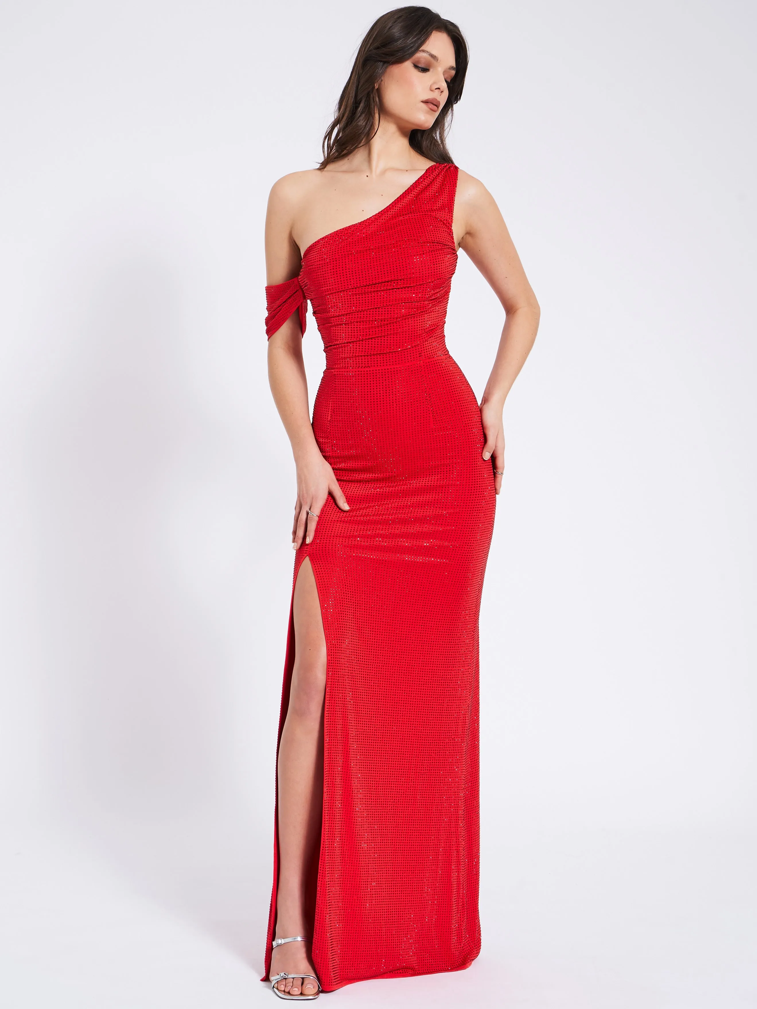 Paget Red Mesh Rhinestone Graceful Embellished High Slit Gown