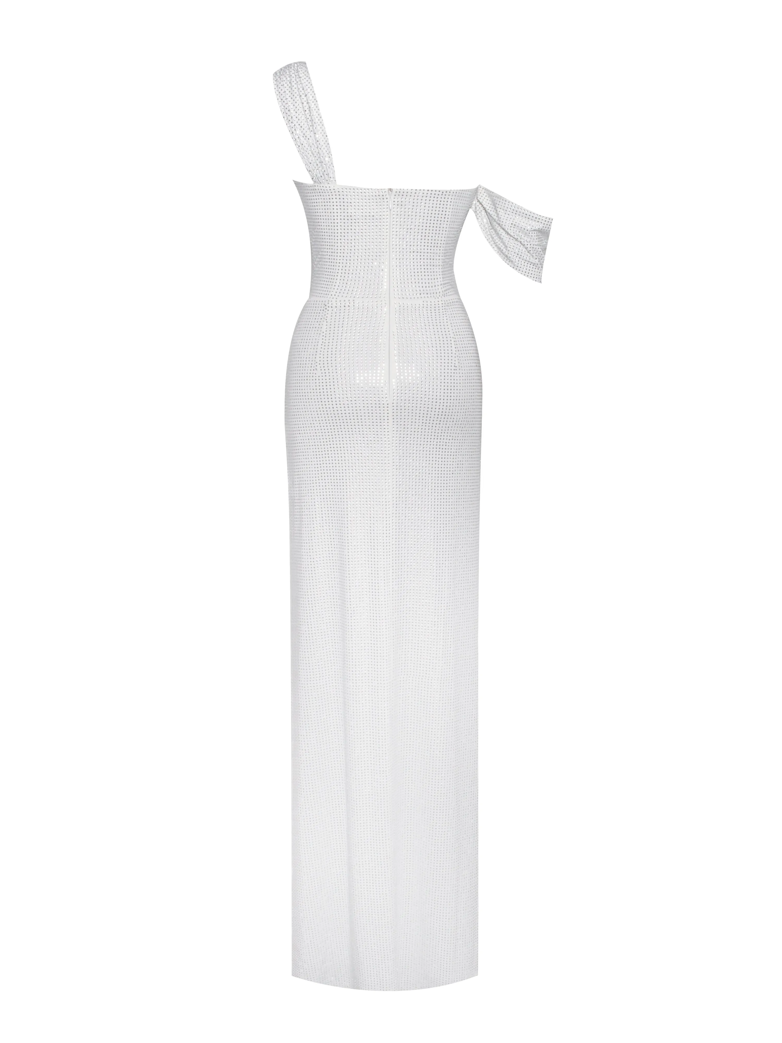 Paget White Mesh Rhinestone Graceful Embellished High Slit Gown