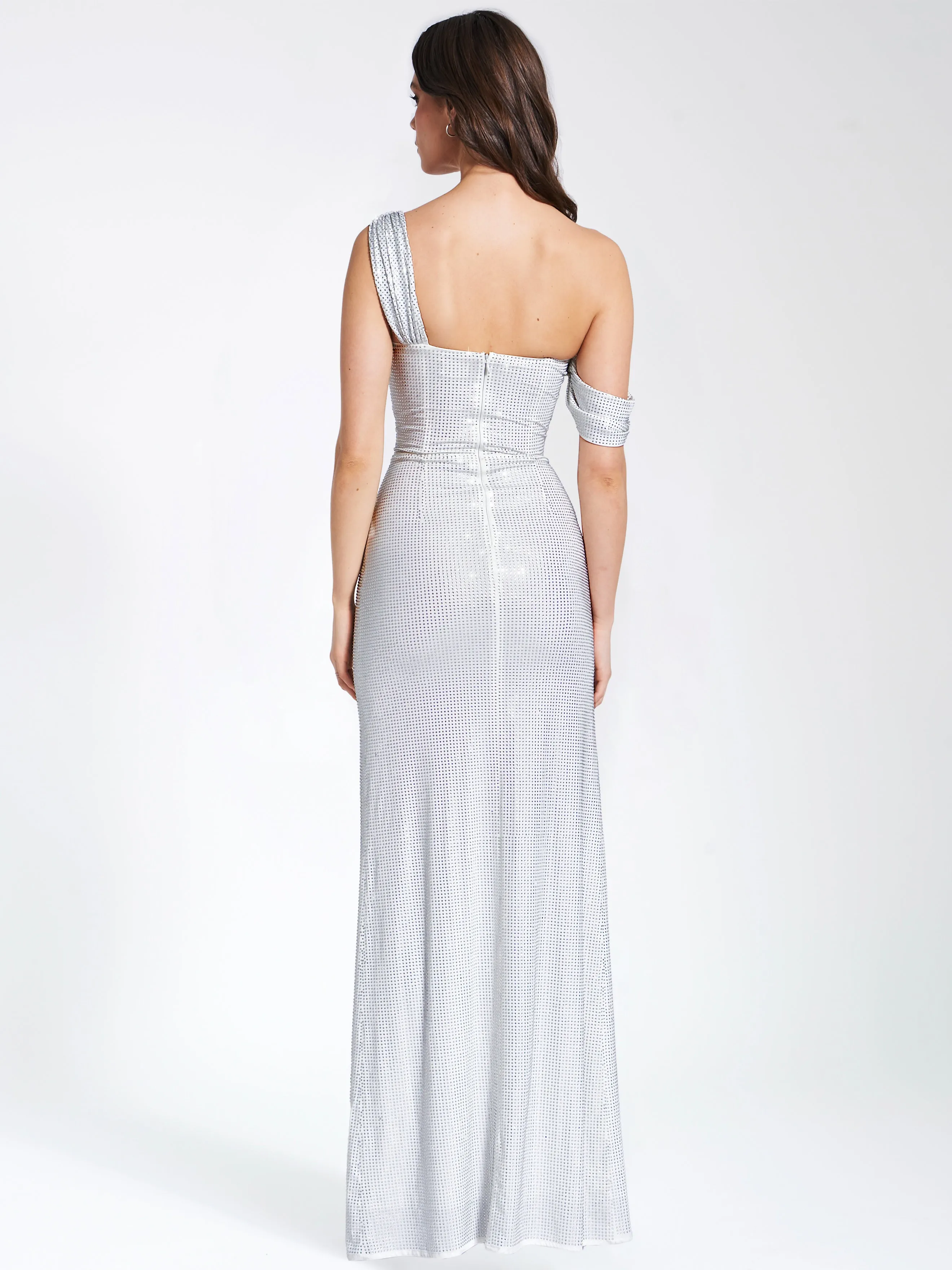Paget White Mesh Rhinestone Graceful Embellished High Slit Gown