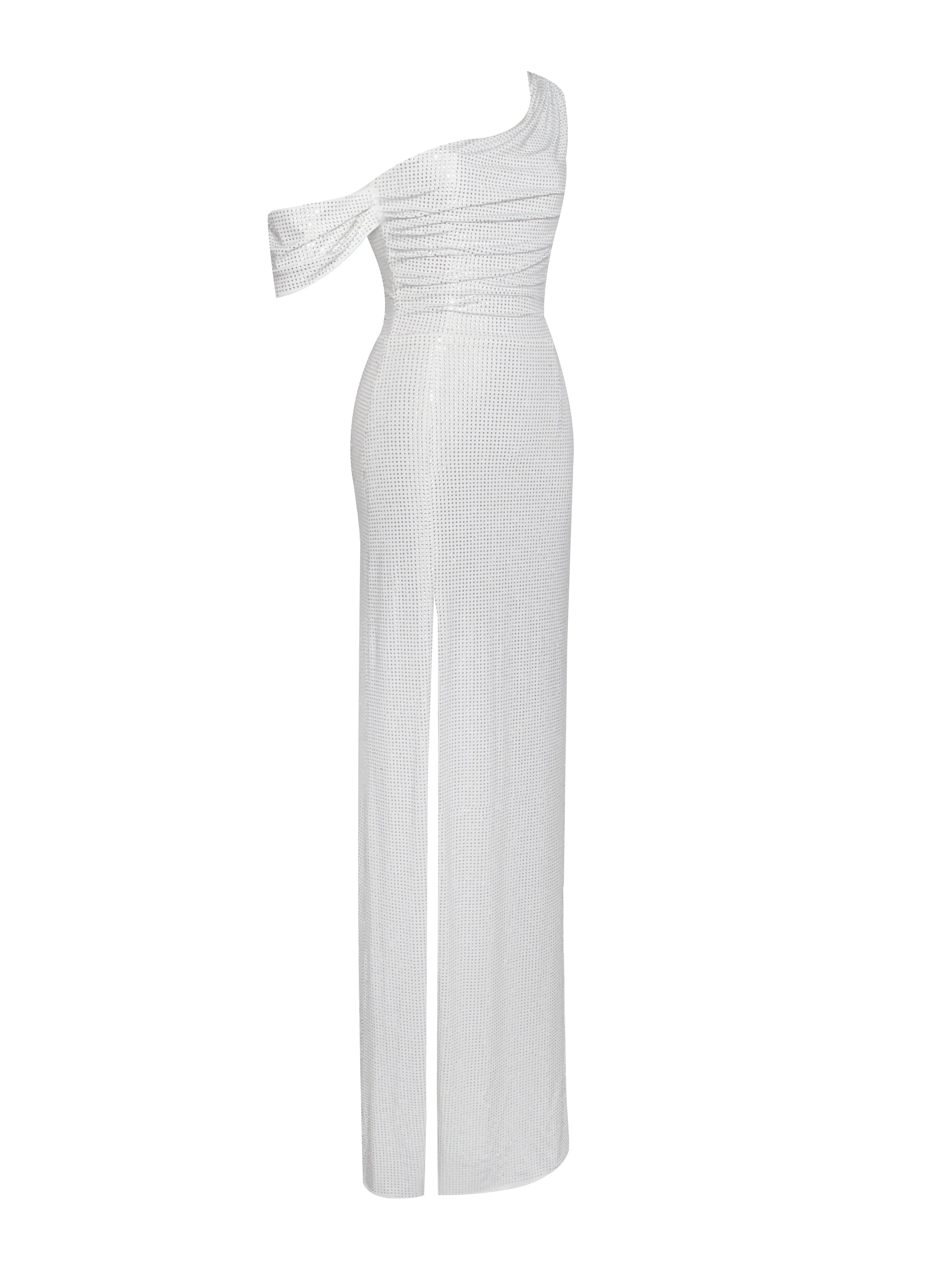 Paget White Mesh Rhinestone Graceful Embellished High Slit Gown