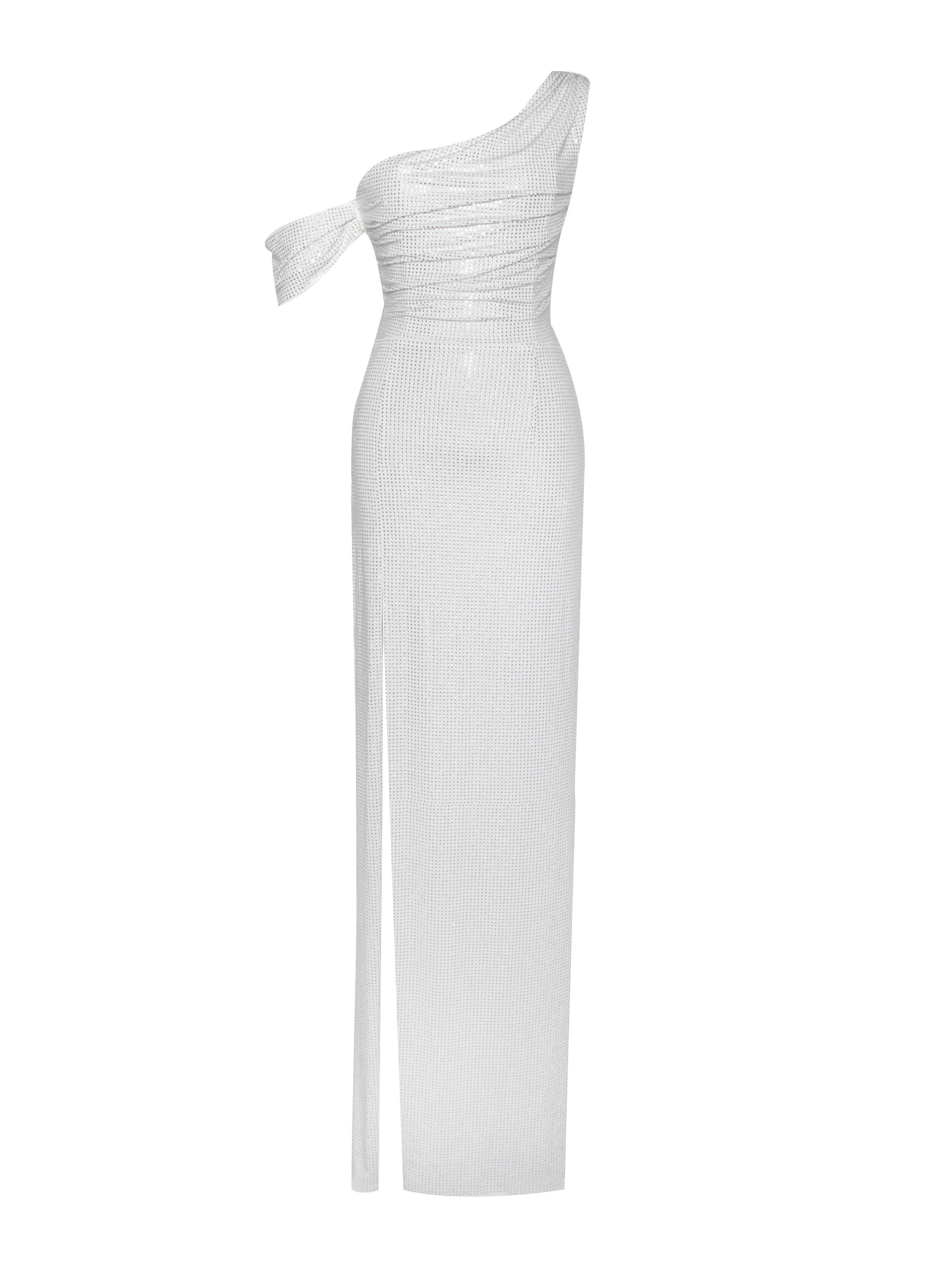 Paget White Mesh Rhinestone Graceful Embellished High Slit Gown