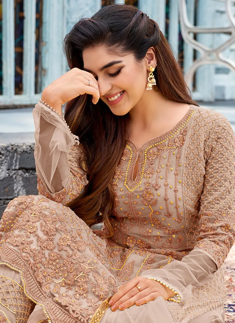 Pale Brown Pearl Embroidery Pakistani Pant Suit