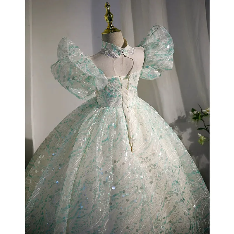 Princess Floor Length Sequined Flower Girl Dress in Mint Green
