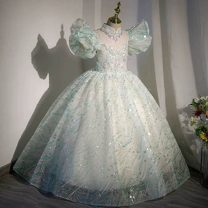 Princess Floor Length Sequined Flower Girl Dress in Mint Green