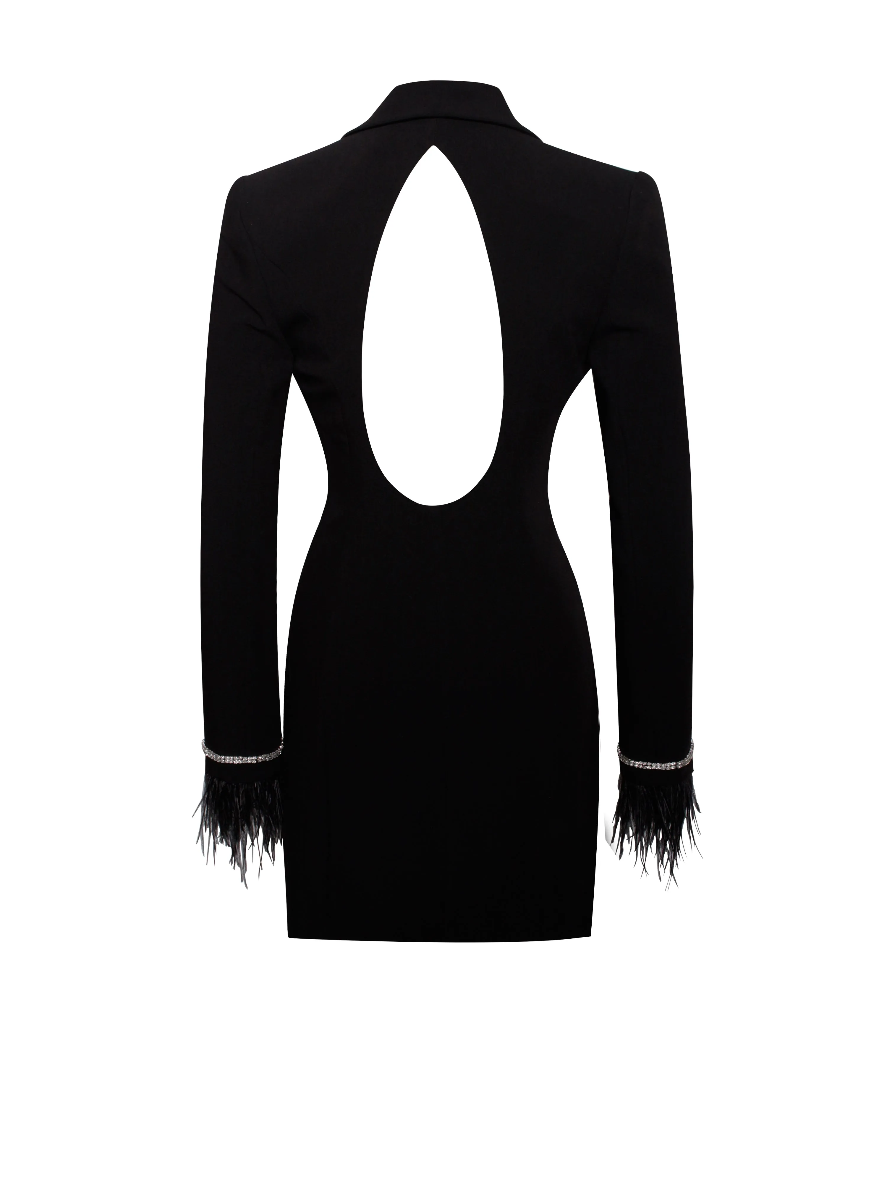Quilla Black Feather Crystal Graceful Sleeve Backless Blazer Dress
