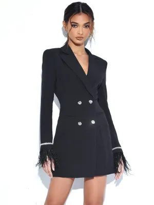 Quilla Black Feather Crystal Graceful Sleeve Backless Blazer Dress
